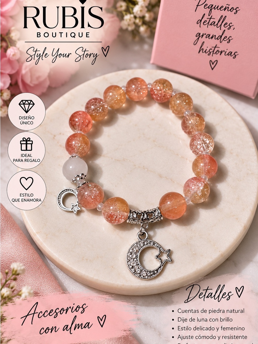 Pink-Orange Crackle Bead Moon Charm Bracelet